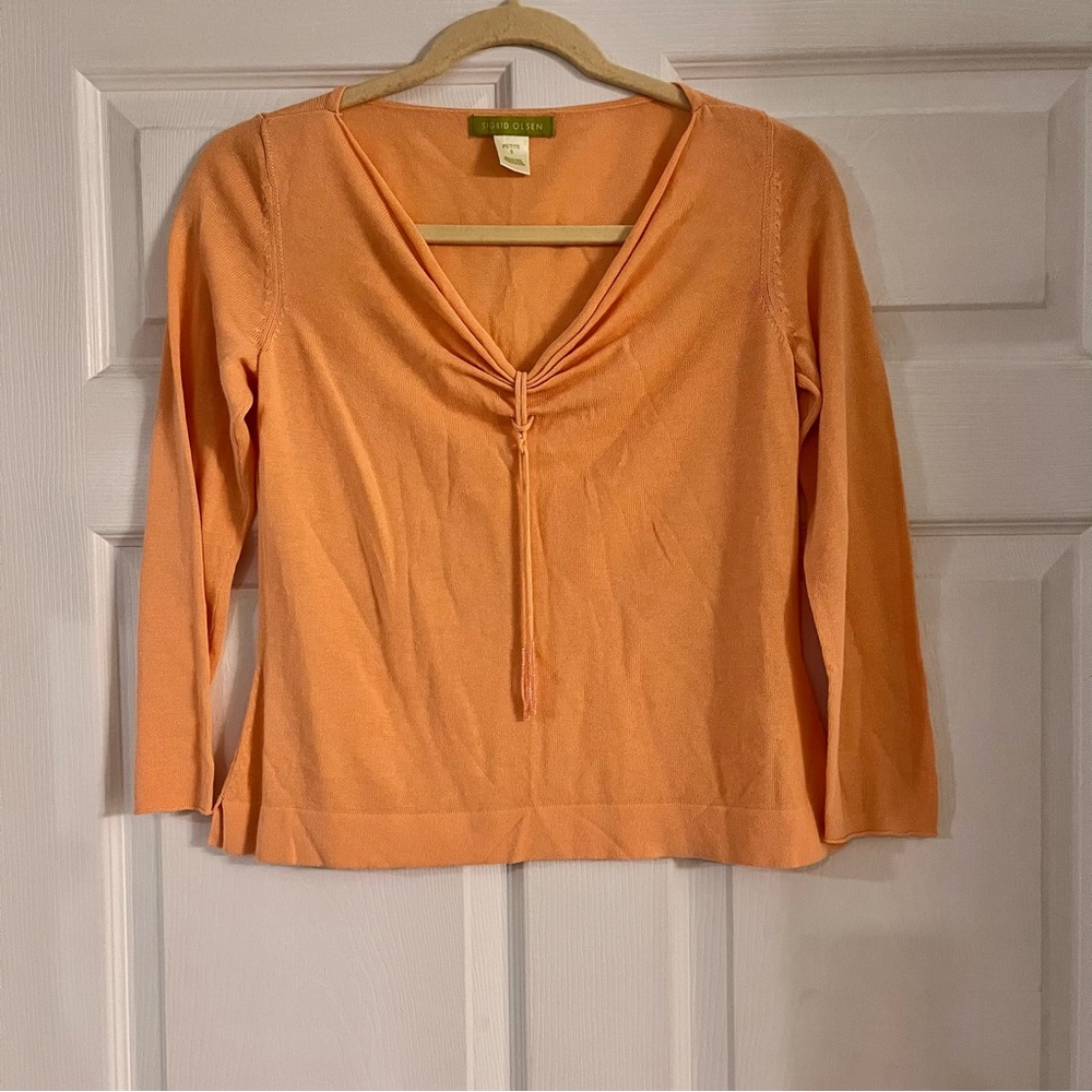 Sigrid Olsen cotton blend 3/4 sleeve melon orange top tassel small petite